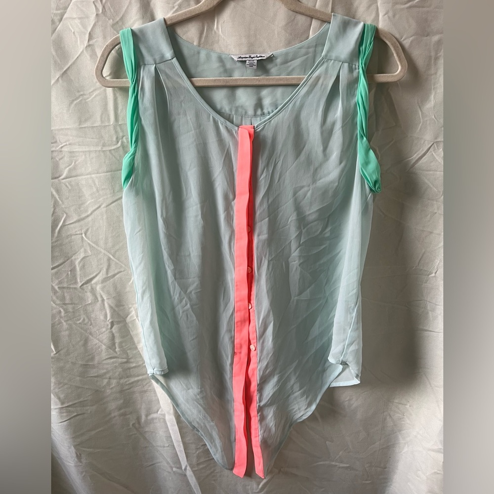2010s mint green and neon pink American Eagle blouse